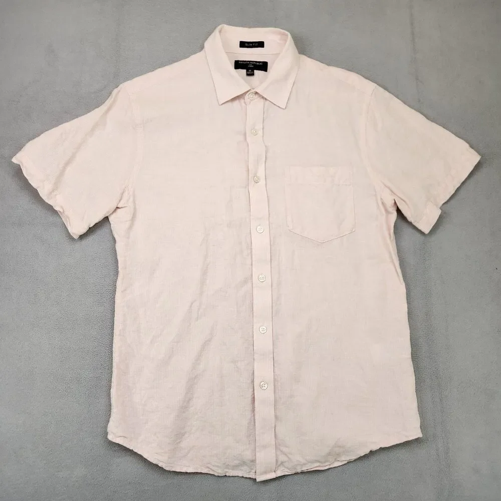 Banana Republic Slim Fit‎ Linen Blend Button Up Shirt Men's M Pink Short Sleeve